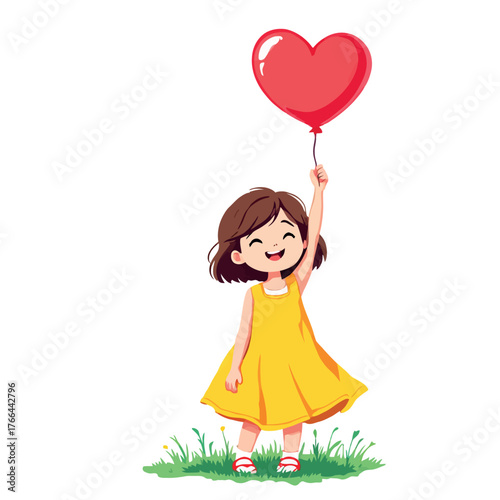 Vsai happy girl holding a big red heart balloon
