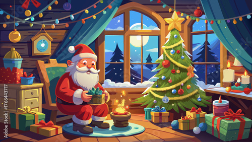 Vector scene of Santa placing gifts under Christmas tree inside cozy cabin, snowy window view, cloudy sky outside, warm indoor lighting, detailed festive decorations, realistic atmosphere