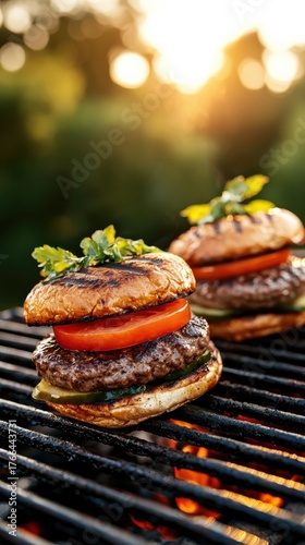 Grilling smoked paprika burgers at sunset outdoor cooking food photography warm lighting angled view culinary delight