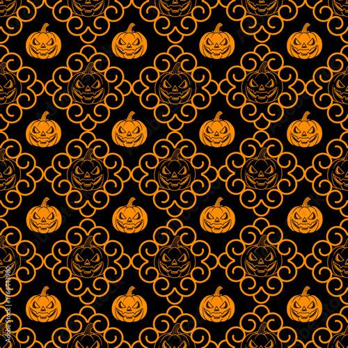 Elegant Halloween seamless pattern with orange pumpkins, geometric ornaments, and dark background. Perfect for packaging, stationery, fabric design, or seasonal branding.