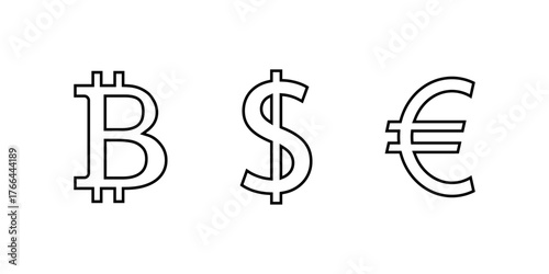 Bitcoin, dollar, and euro money icon in outline style. Financial currency symbol