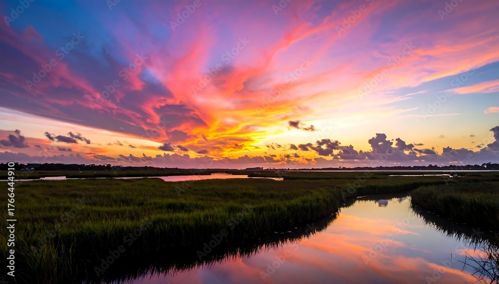 Obraz premium Marsh view at sunset, colorful sky reflected in water. Green grass, distant trees, cloudscape, serene and peaceful