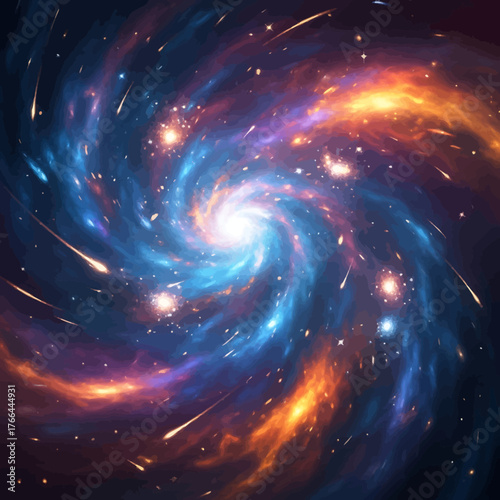 Experience the awe-inspiring grandeur of a vibrant cosmic nebula swirling with brilliant stars and shooting meteors, a breathtaking view of infinite space.