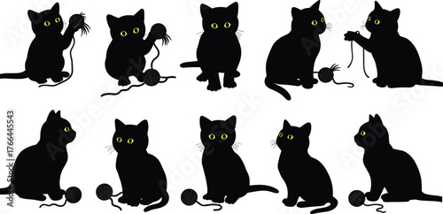 Cute black cat silhouettes with yellow eyes playing with yarn ball, adorable kitten vector illustration, playful pet animal artwork design.