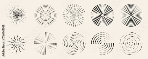 Dot radial ripple patterns with concentric circles and spiral formations on beige background. Black dotted geometric designs with halftone textures. Abstract minimalist circular motion effects.