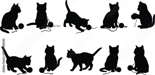Cute cat silhouettes playing with yarn ball, adorable kitten collection, pet animal illustration, playful feline poses, black vector design art.