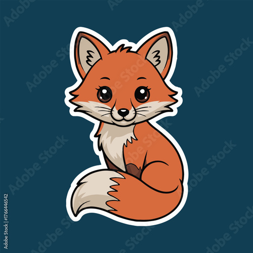 Cartoon illustration of a cute fox sitting with a curled tail on a dark blue background sticker style