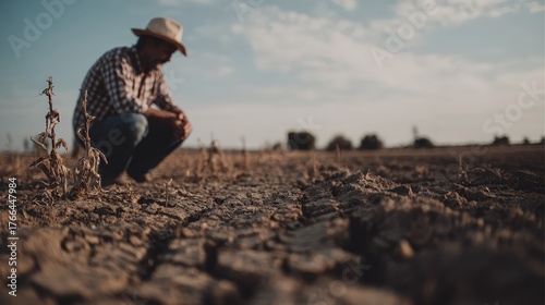 Desolate Farmland Affected by Severe Drought with Cracked Soil and a Farmer in Contemplation on a Sunny Day