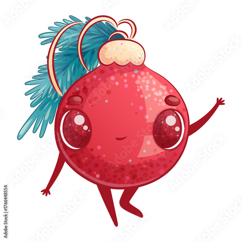 Cute Christmas tree ball toy on a white background. A smiling Christmas and New Year character. Children's cartoon vector illustration for the design of postcard, card for printing, textile, sticker