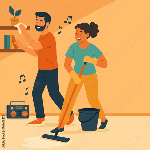 Flat vector illustration of a smiling couple cleaning their home together while listening to music. Bright and cheerful scene perfect for lifestyle, teamwork, or household themes.