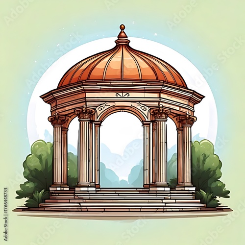 An architectural drawing of an octagonal gazebo set on a landscape