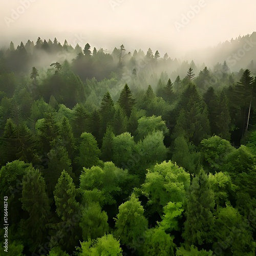 Aerial view of a lush green forest shrouded in misty atmosphere