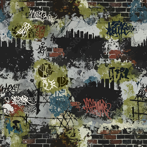 Urban grit and vibrant graffiti art explode across a distressed brick wall, showcasing a gritty city skyline silhouette and urban decay