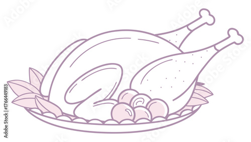Illustration of Roasted Chicken with Vegetables on Plate in Soft Pastel Colors