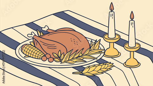 Thanksgiving Roast Turkey Table Setting with Candles and Corn