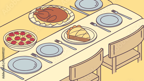 Empty Dining Table with Plates and Food Trays in Cozy Kitchen Setting