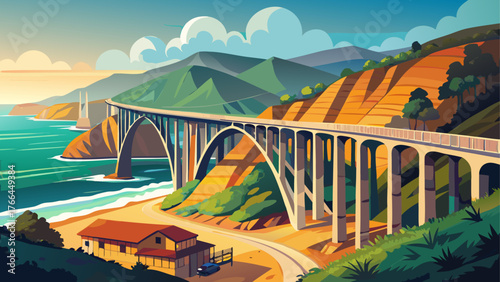 Very beautiful, Bixby Creek Bridge, Highway 1 and Big Sur coast, California, iconic Bixby Canyon Bridge surrounded by rugged cliffs, ocean waves, coastal highway, and breathtaking panoramic scenery un
