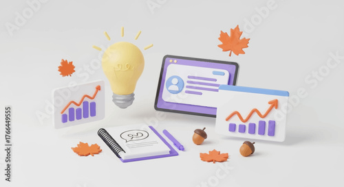 Creative business concept with lightbulb charts tablet and autumn leaves elements