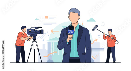 Broadcast Journalism Team Reporting News with Cameraman and Sound Engineer
