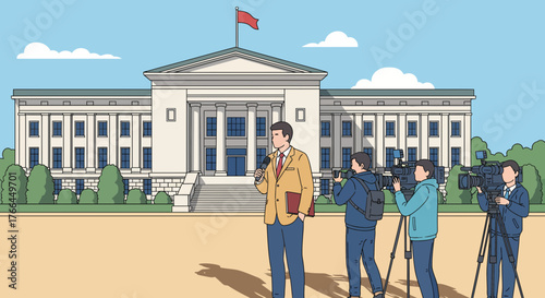 Press conference with official addressing media in front of government building. Speaker with microphone and camera crew.