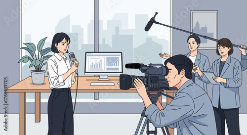Professional Media Team Filming Business Presentation or Interview in Modern Office Studio