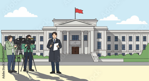 News Reporter Live Broadcast in Front of Government Building with Camera Crew, Media Reporting