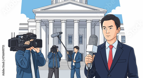 News team reporting live outside a government building. Journalist with microphone and camera crew covering a press event or political news.