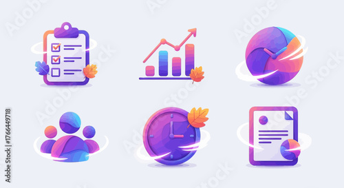 Business data icons showcase strategy teamwork planning and time management skills