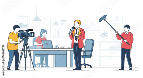 Media Team Filming and Reporting: Reporter with Mic, Cameraman, and Sound Operator
