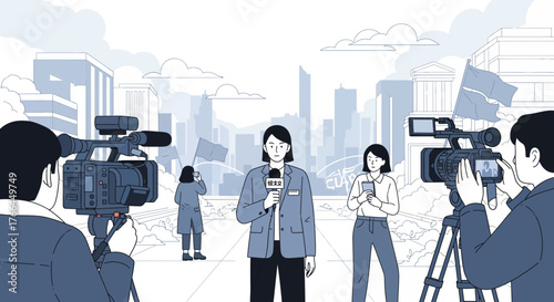 Live News Report: Female Journalist & Camera Crew Covering Urban Event. Media Broadcasting & Journalism in City Scene Illustration.