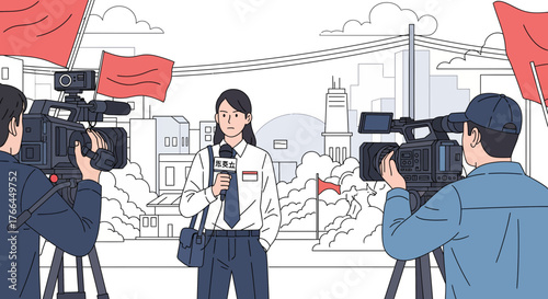 Female journalist reporting live with camera crew at a public event in a city, news broadcast illustration.