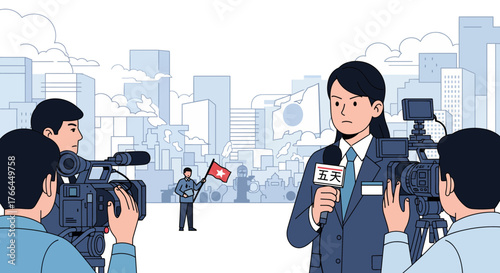 News reporter and camera crew covering a public event in a city. Journalism, media coverage, urban background illustration.