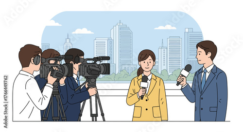 News Team Reporting Live Outdoors. Professional journalists, camera operators, and microphones in a city setting for media coverage.