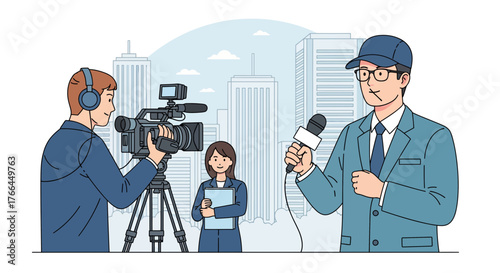 News reporting team in city: cameraman, reporter with microphone, and producer. Journalism and media production illustration.