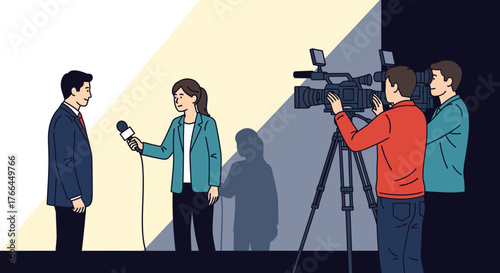 TV News Interview: Female Reporter with Microphone Interviews Man, Cameramen Filming