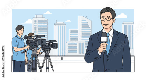 Professional News Reporter and Camera Crew Broadcasting Live in Urban Setting