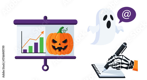 Halloween themed business presentation with pumpkin data and ghost email marketing plan