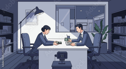 Confidential Business Meeting with Document Exchange and Surveillance Camera