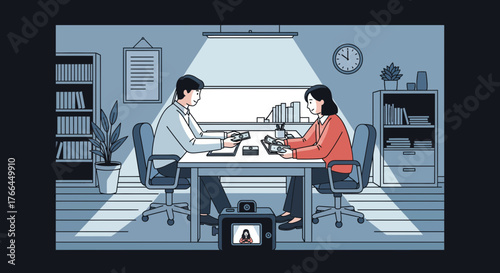 Hybrid Business Meeting: Professionals collaborate with remote colleague using interactive devices in a modern office illustration.