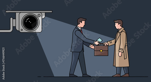 CCTV camera records secret transaction: Bribery, illegal payment, or corporate corruption under surveillance.