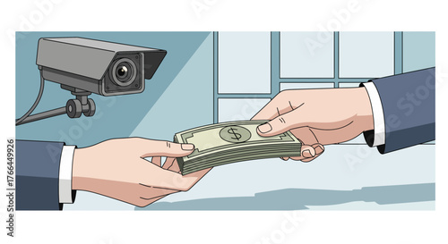 Illegal Money Exchange Monitored by Security Camera. Bribery and Corruption Concept.