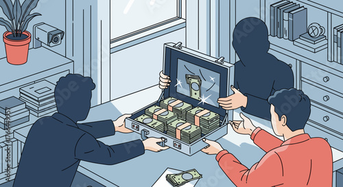 Anonymous figures exchanging a briefcase full of cash in an office, symbolizing illicit deal, bribery, or black market transaction.