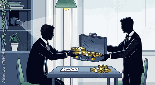 Illegal Business Deal: Men exchanging money in a briefcase, under surveillance. Bribery and corruption concept.