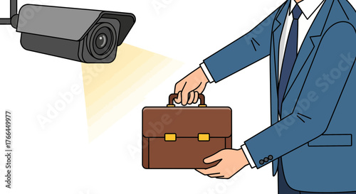 Security camera monitoring businessman with briefcase. Corporate surveillance, business security, and privacy concept.