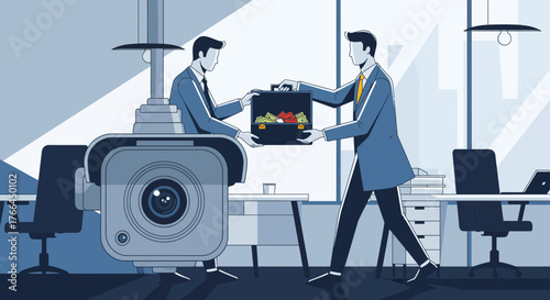 Corporate Bribery & Surveillance: Businessmen Exchange Money in Office Under CCTV Monitoring