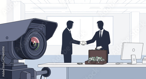 Businessmen shaking hands over money with CCTV camera. Corporate corruption, bribery, and illegal deal under surveillance concept.