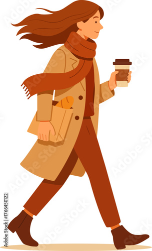 Flat vector illustration of a stylish woman walking outdoors with coffee and a paper bag. Warm autumn palette, cozy atmosphere — perfect for seasonal, lifestyle, or fashion design projects.