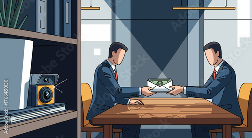 Hidden camera records bribery: Businessmen exchanging money in a secret deal, illustrating corporate corruption.