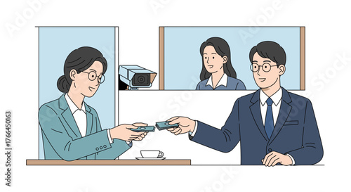 Professional business transaction with client and service agent, featuring remote video support and security camera monitoring