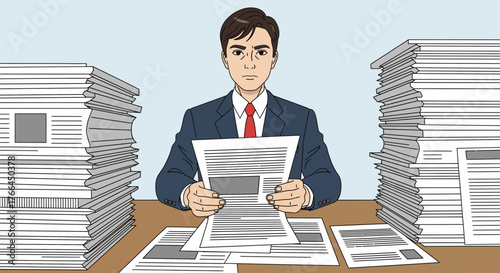 Overwhelmed Office Worker with Paperwork Illustration